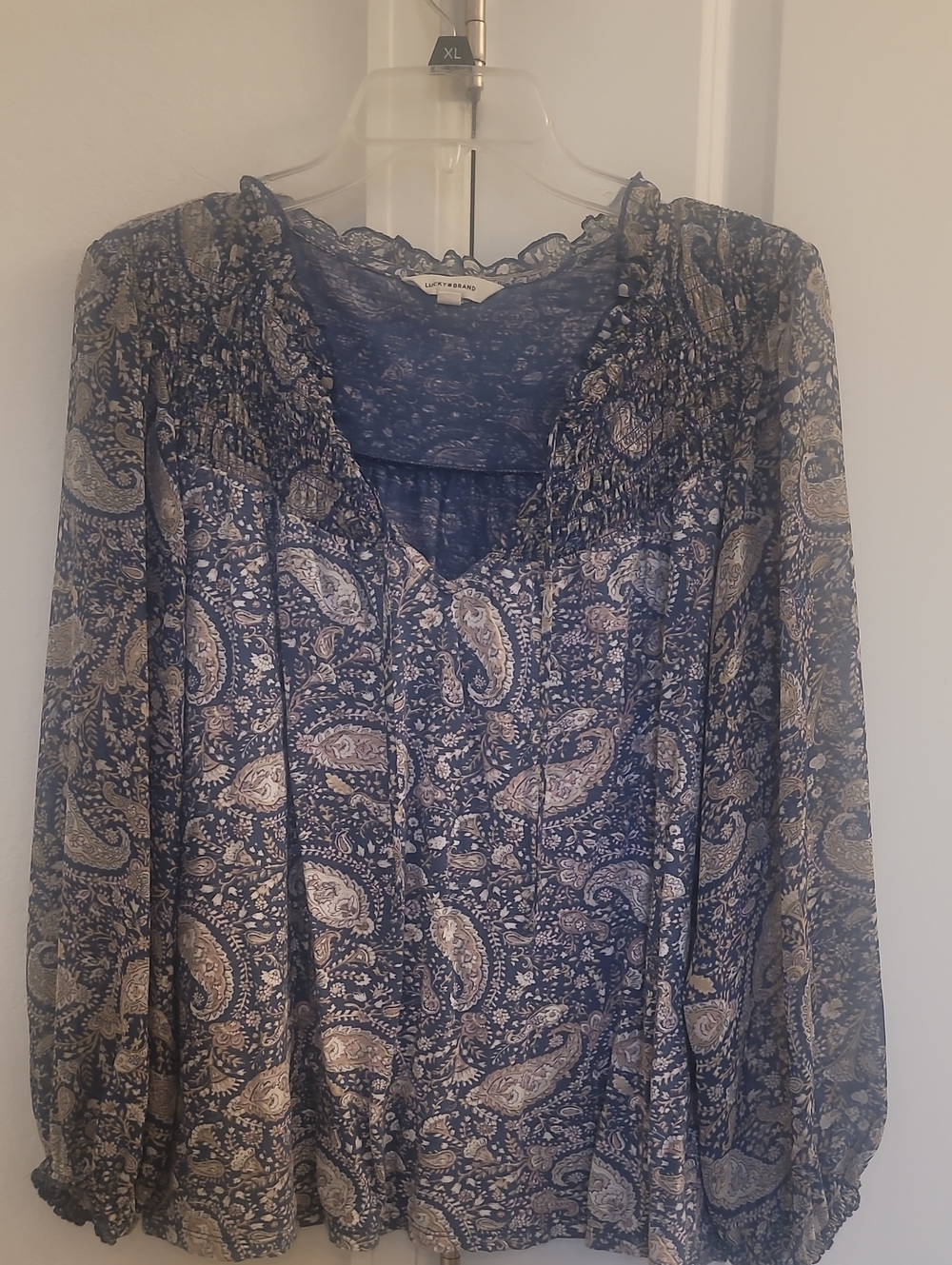 Lucky Brand Navy and Cream Paisley V-Neck Blouse